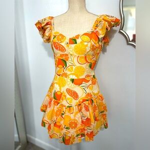 Sky to Moon Orange & Lemmon Tiered Smocked Ruffle Festival Boho Romper Mini M